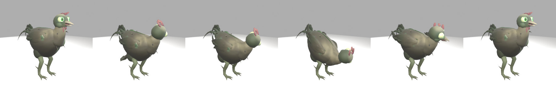 six frames of the zombie's signature gag, exactly as authored: the wing comes off, it notices, it puts it back